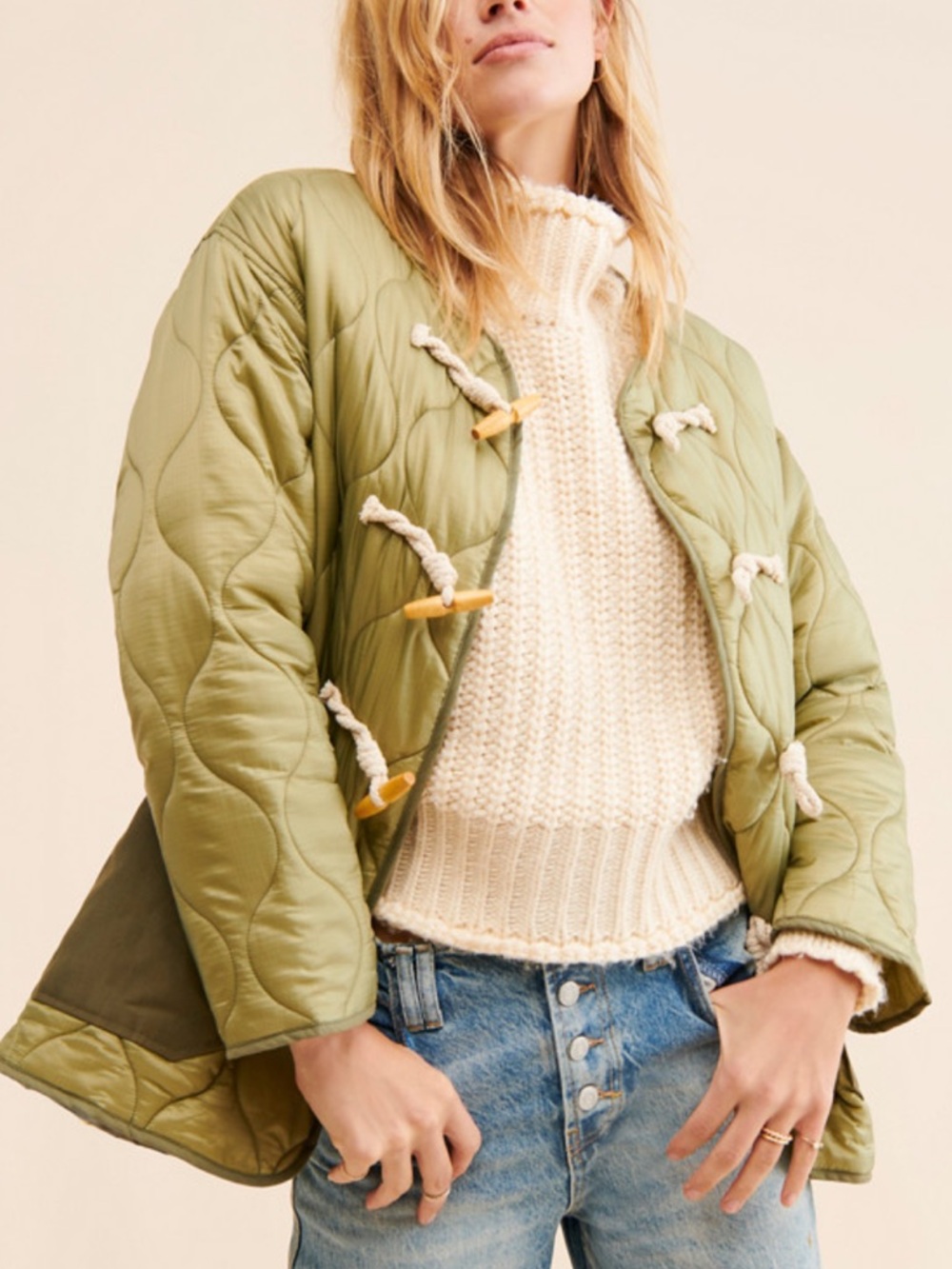 Moon River Quilted Toggle Jacket in Olive Green